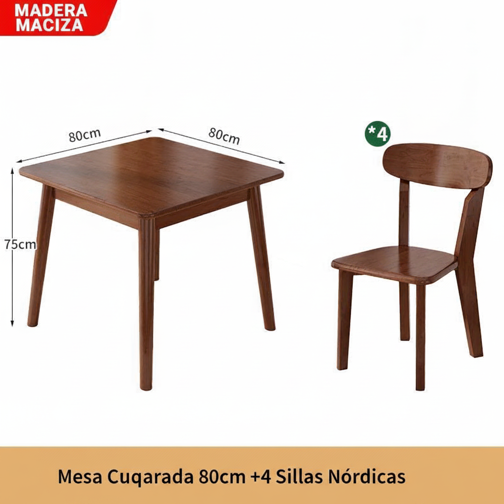 Mesa cuadrada de madera maciza estilo nórdico + sillas - 10