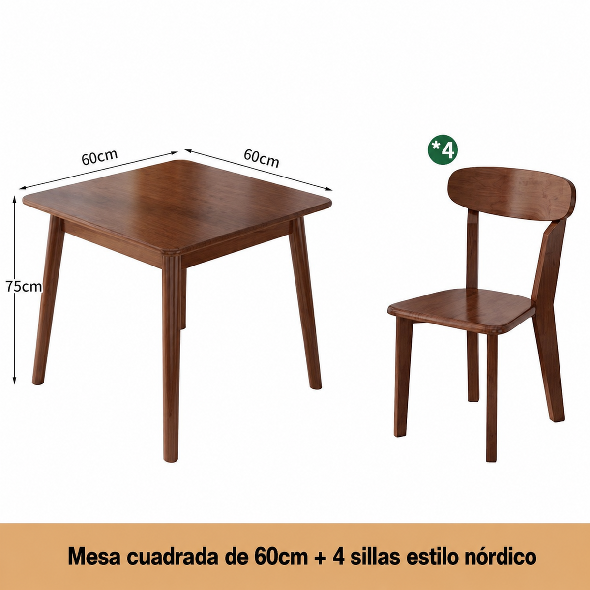 Mesa cuadrada de madera maciza estilo nórdico + sillas