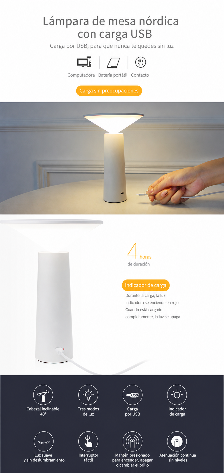 Lámpara LED de Mesa Nórdica con Carga USB - 9