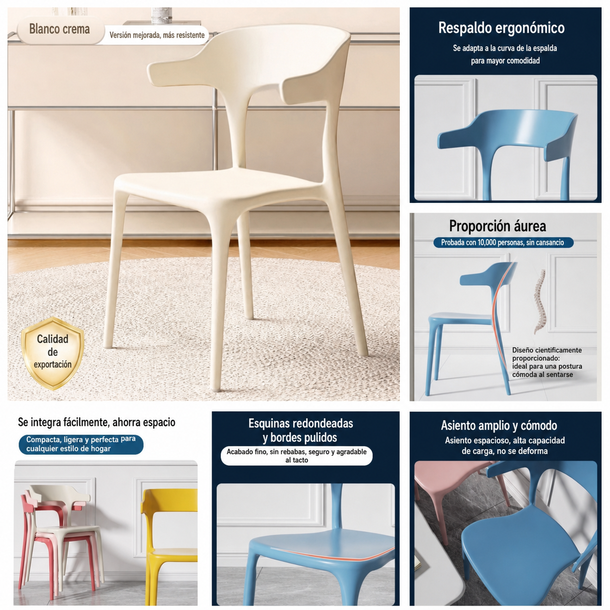 Sillas de comedor nórdicas de plástico con respaldo