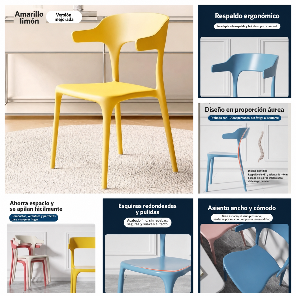 Sillas de comedor nórdicas de plástico con respaldo