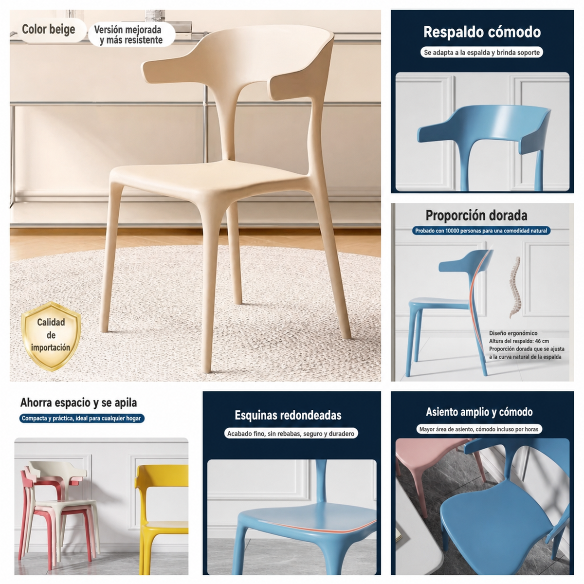 Sillas de comedor nórdicas de plástico con respaldo