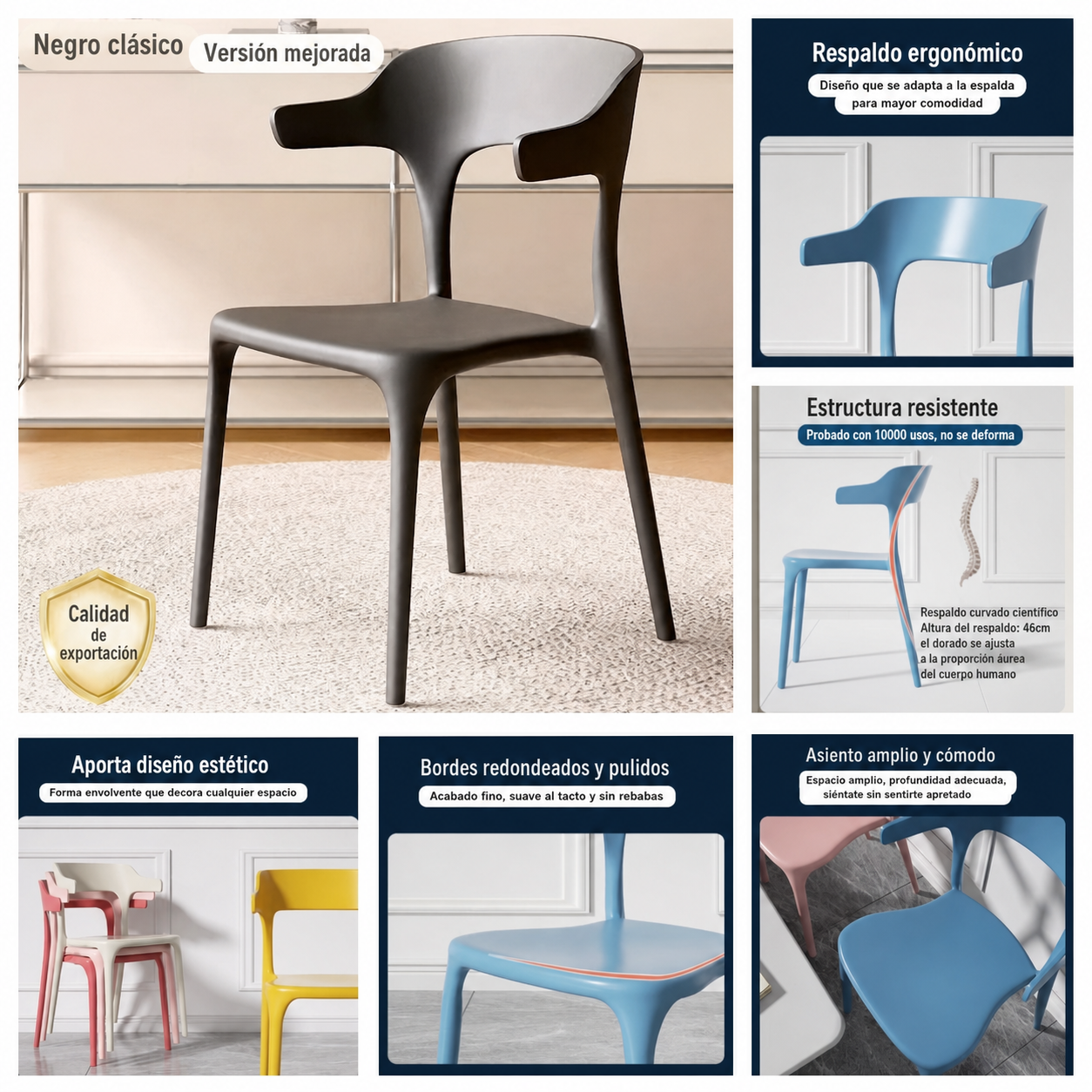 Sillas de comedor nórdicas de plástico con respaldo