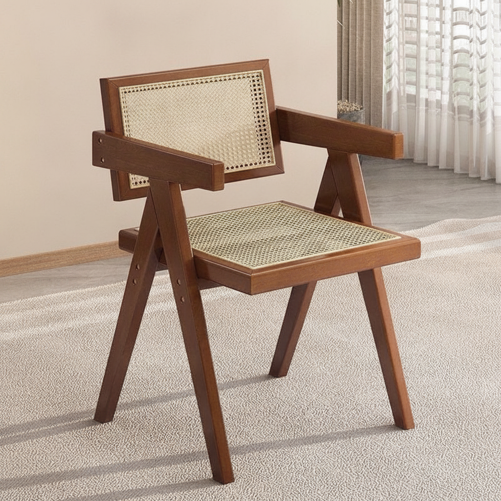 Silla de comedor nórdica de madera con respaldo de ratán - 1
