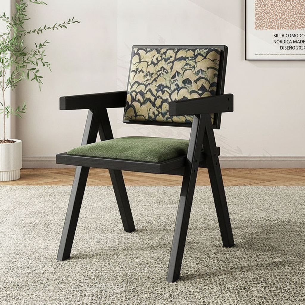 Silla de comedor nórdica de madera con respaldo de ratán - 11
