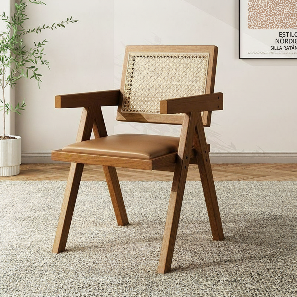 Silla de comedor nórdica de madera con respaldo de ratán - 3