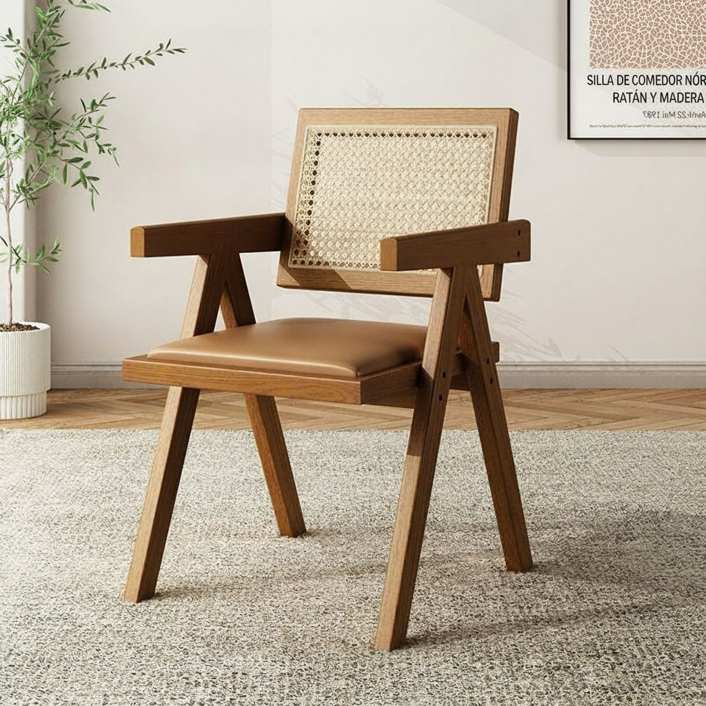 Silla de comedor nórdica de madera con respaldo de ratán - 6