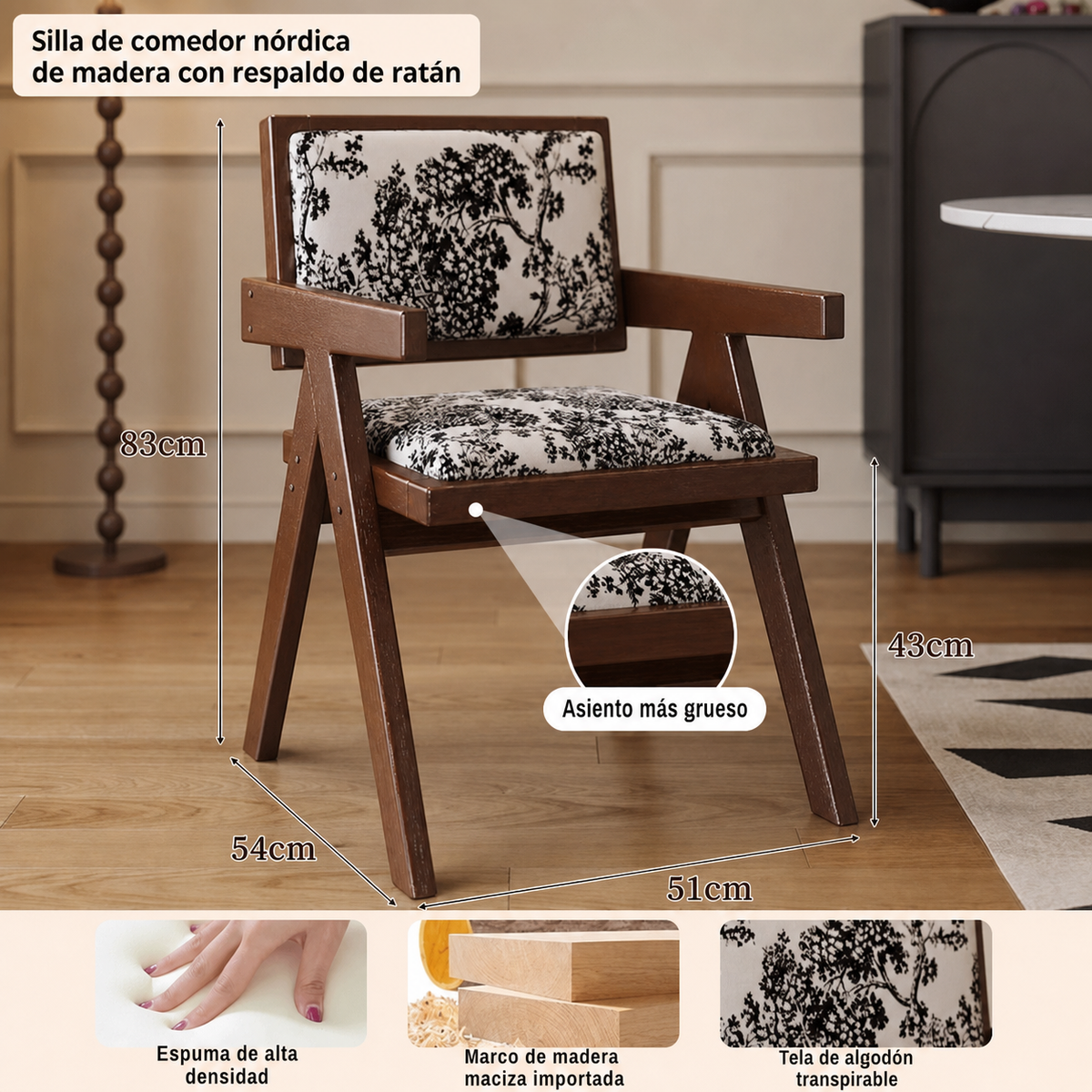 Silla de comedor nórdica de madera con respaldo de ratán - 7