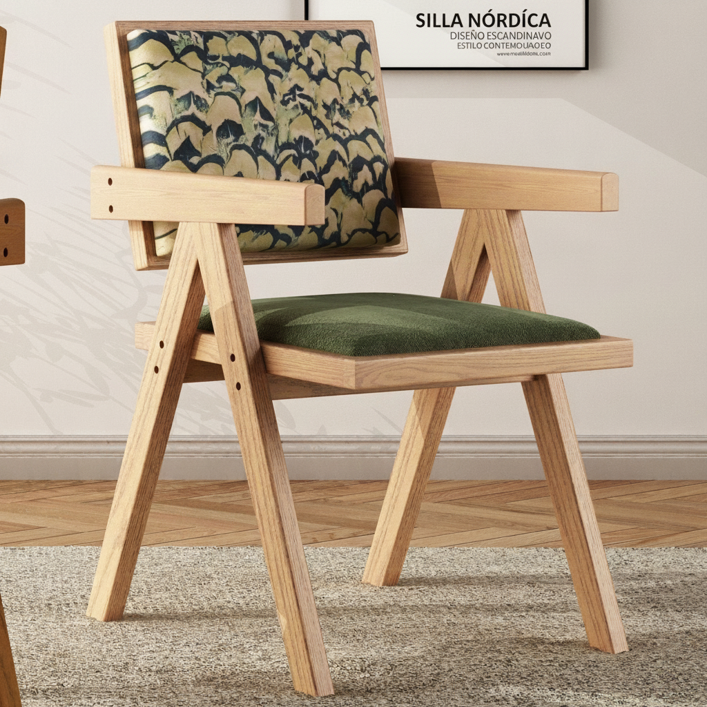 Silla de comedor nórdica de madera con respaldo de ratán - 8