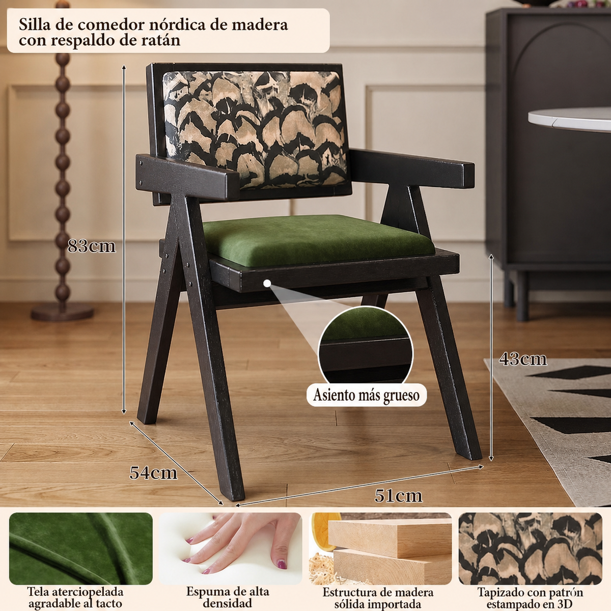 Silla de comedor nórdica de madera con respaldo de ratán