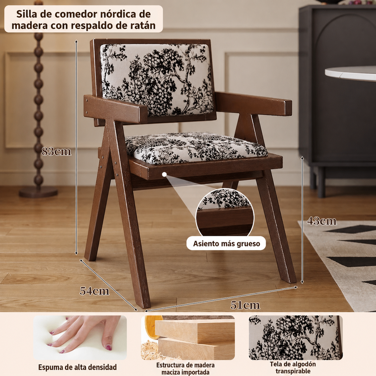 Silla de comedor nórdica de madera con respaldo de ratán