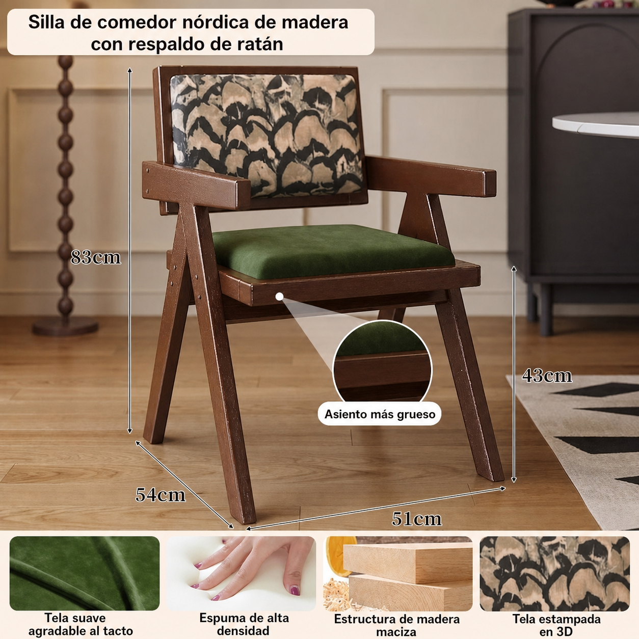 Silla de comedor nórdica de madera con respaldo de ratán