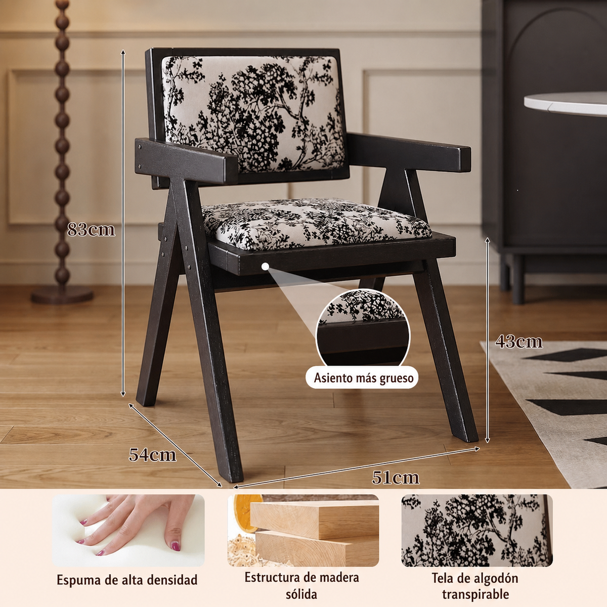 Silla de comedor nórdica de madera con respaldo de ratán