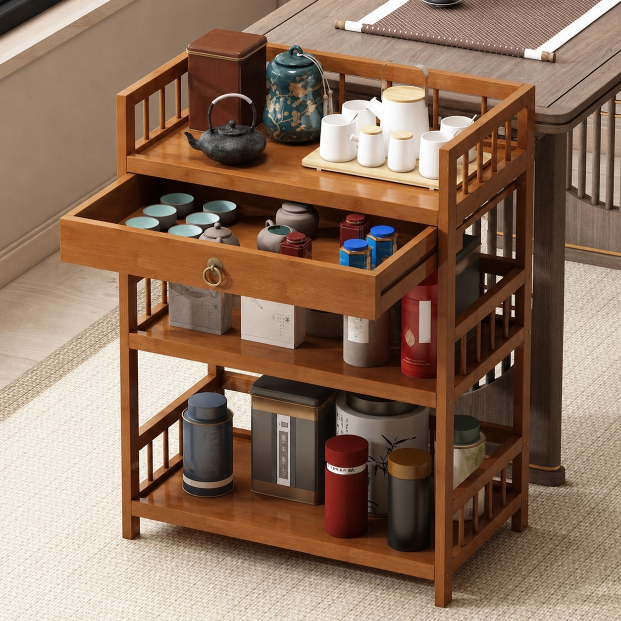 Estante de bambú para té multicapa con cajón - 1