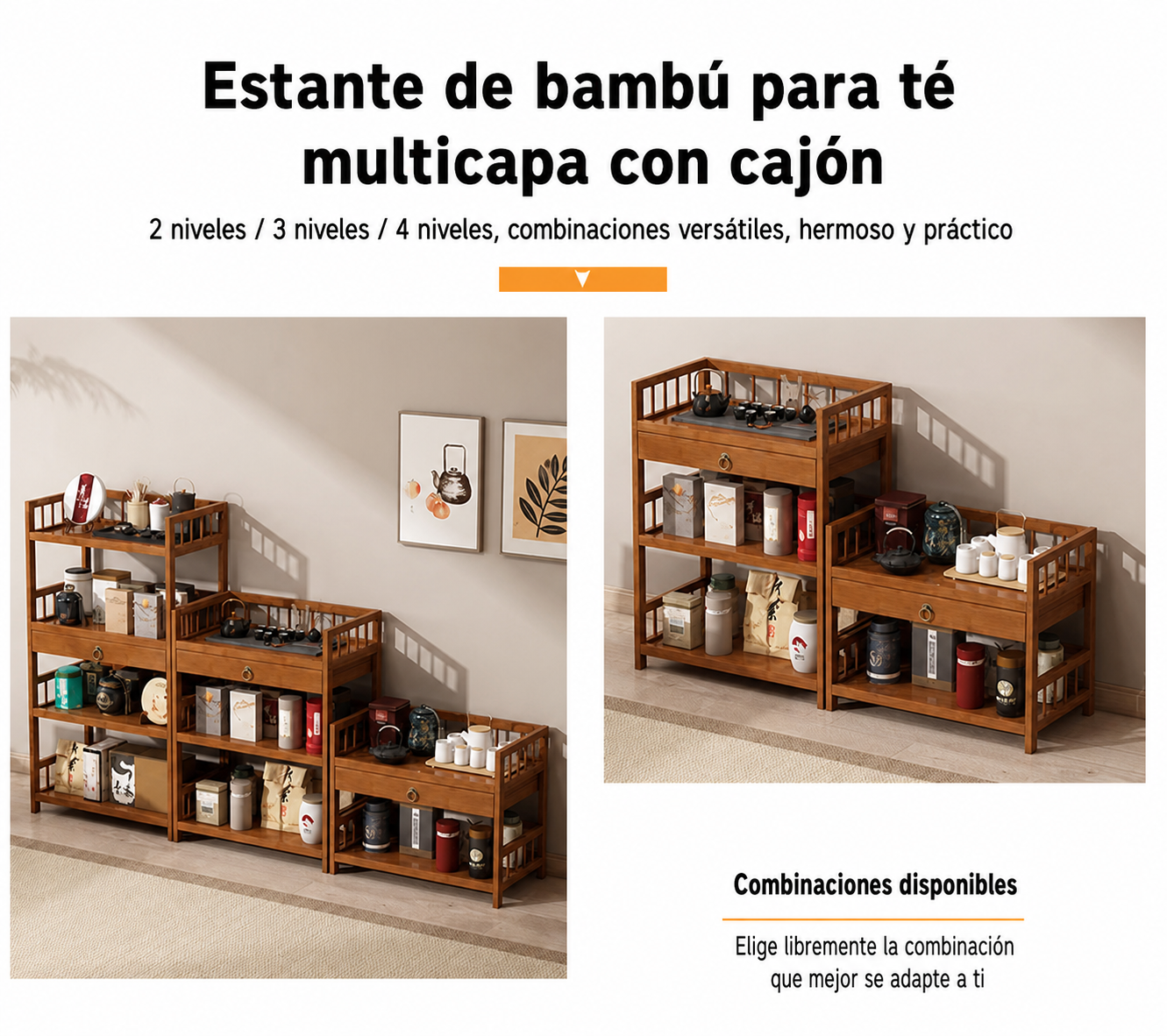 Estante de bambú para té multicapa con cajón - 13
