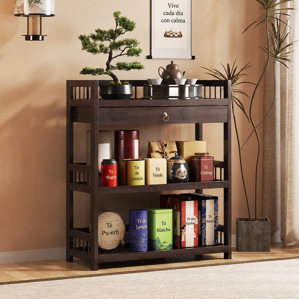 Estante de bambú para té multicapa con cajón - 2