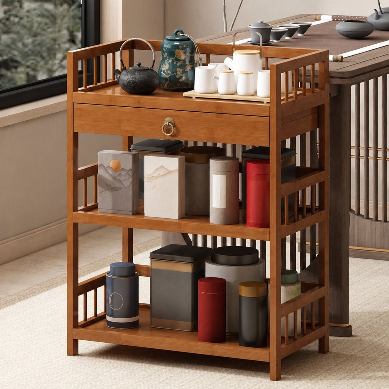 Estante de bambú para té multicapa con cajón - 3