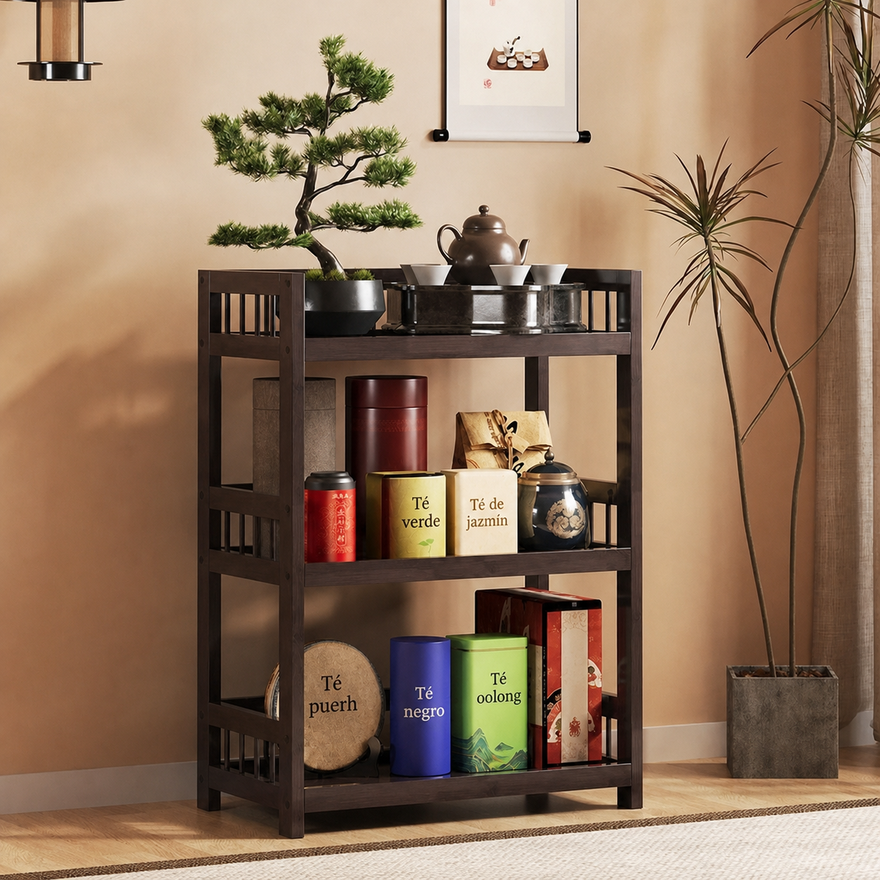 Estante de bambú para té multicapa con cajón - 4