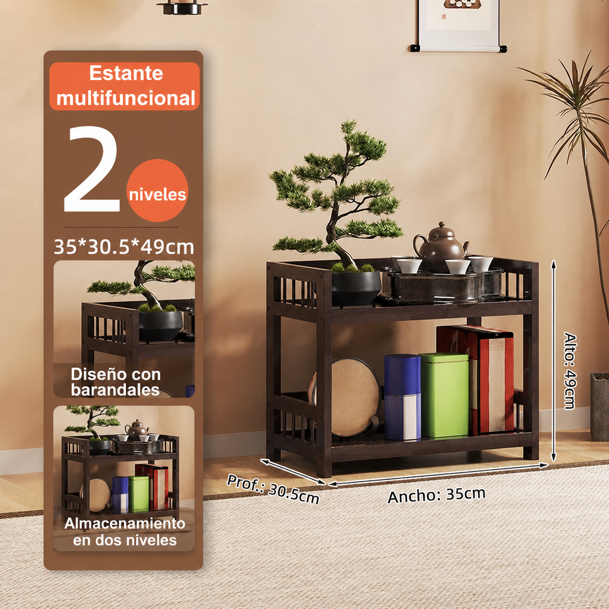 Estante de bambú para té multicapa con cajón - 7