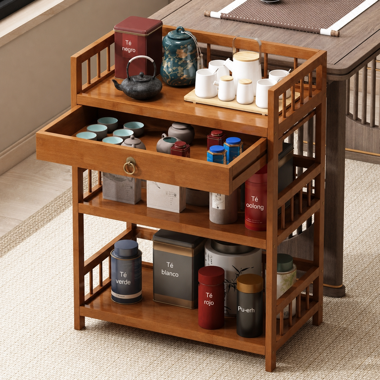 Estante de bambú para té multicapa con cajón - 8