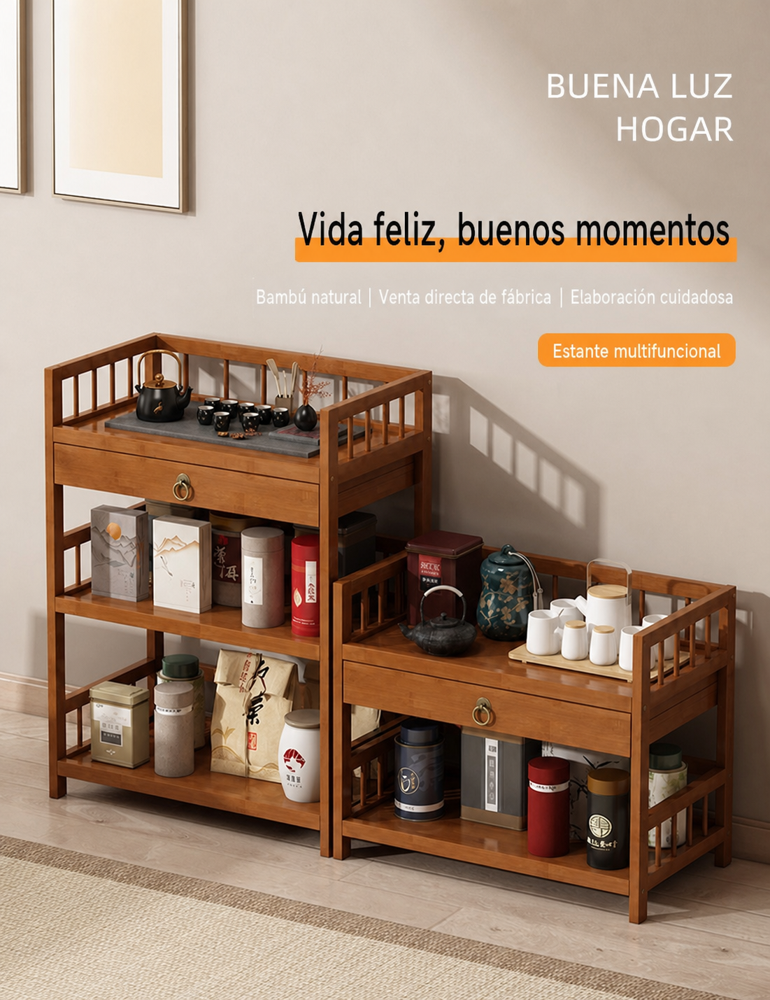 Estante de bambú para té multicapa con cajón - 9