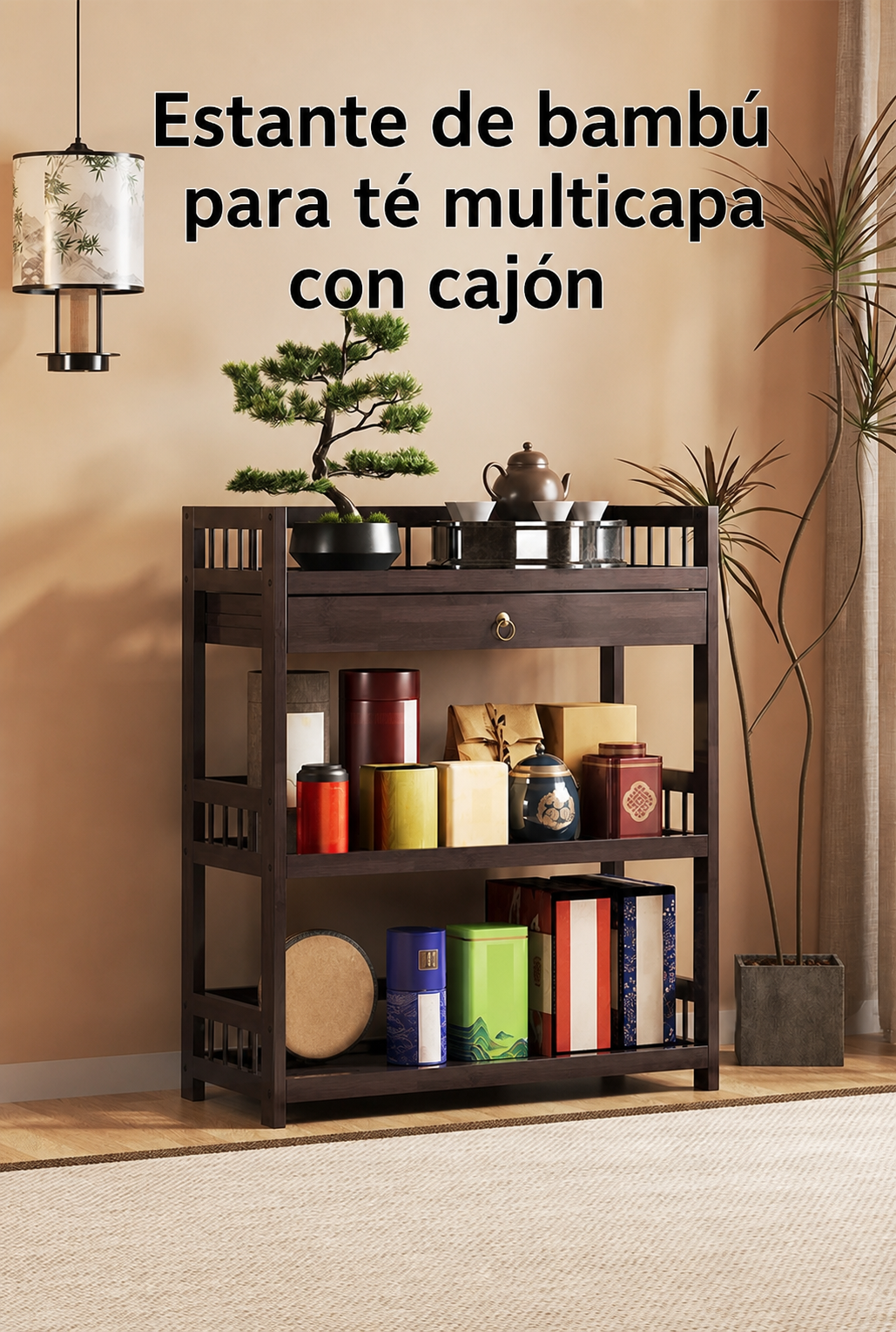 Estante de bambú para té multicapa con cajón - 10