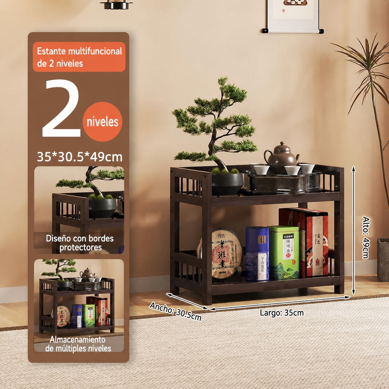 Estante de bambú para té multicapa con cajón