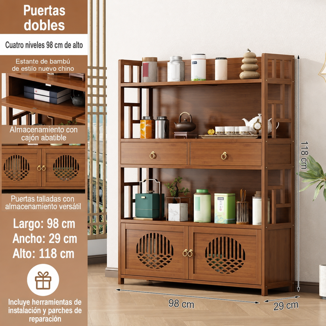 Estante de bambú para té y utensilios de cocina
