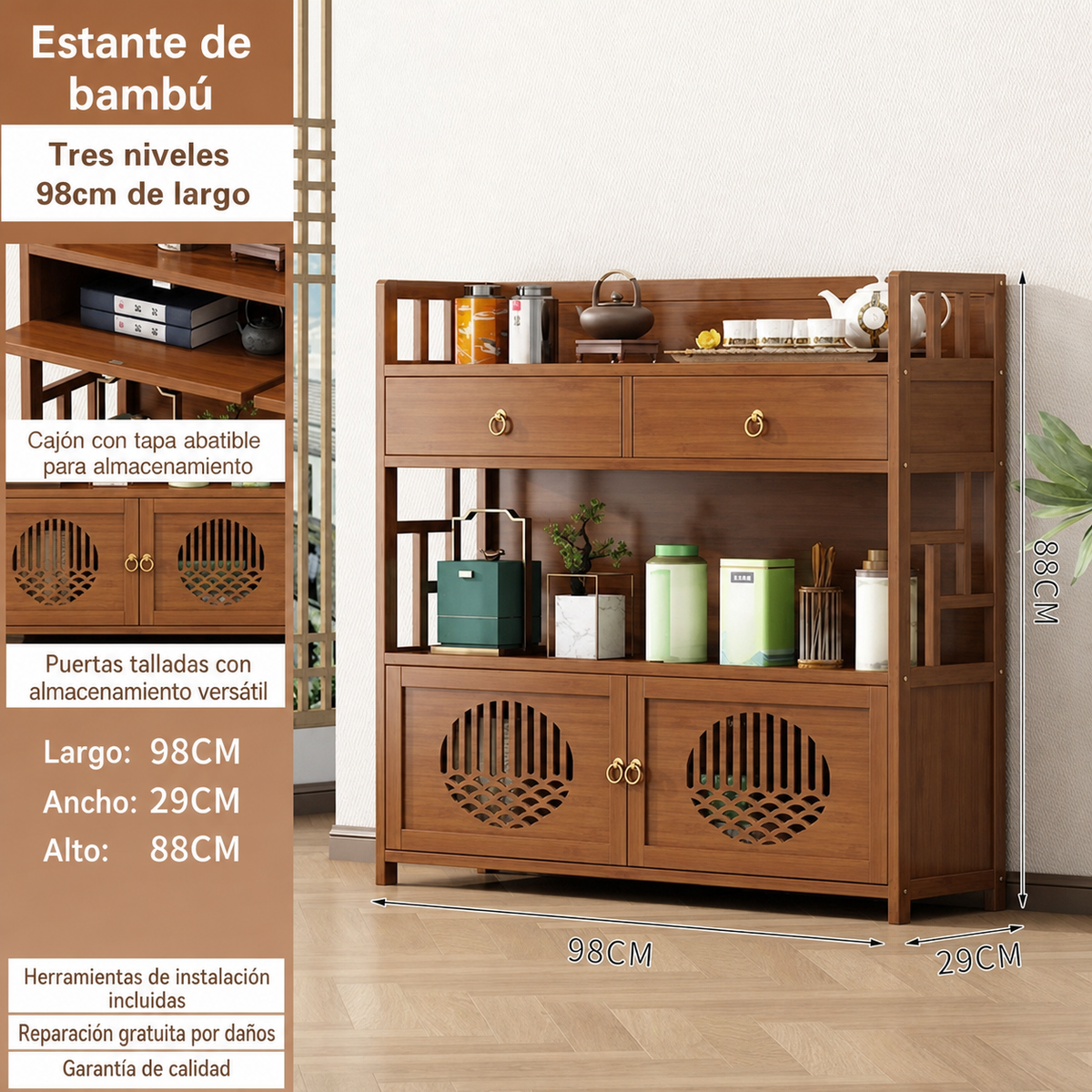 Estante de bambú para té y utensilios de cocina