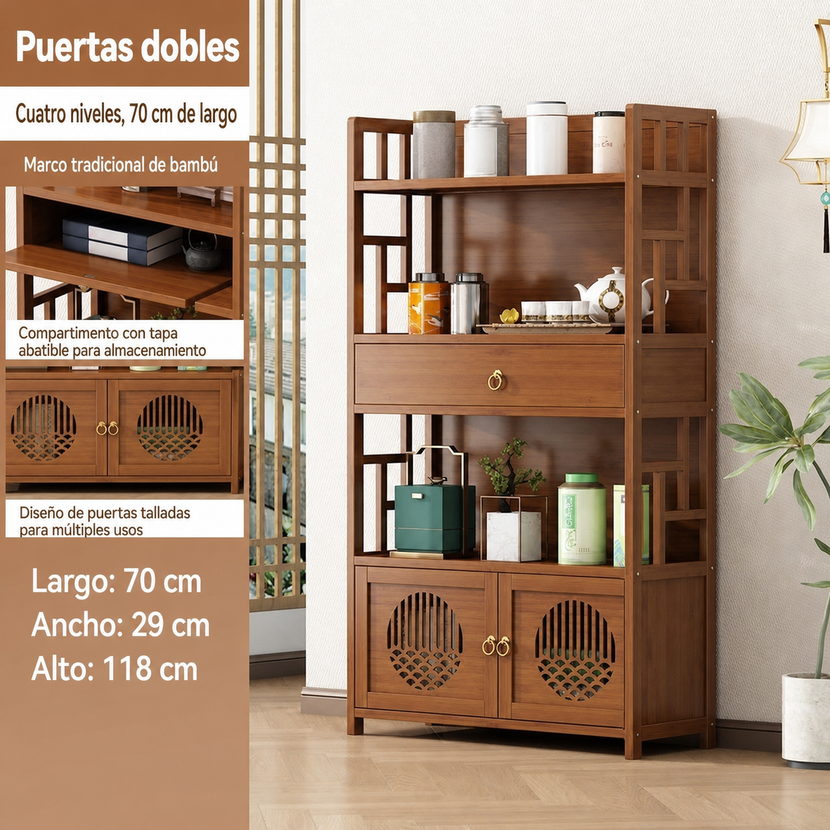 Estante de bambú para té y utensilios de cocina