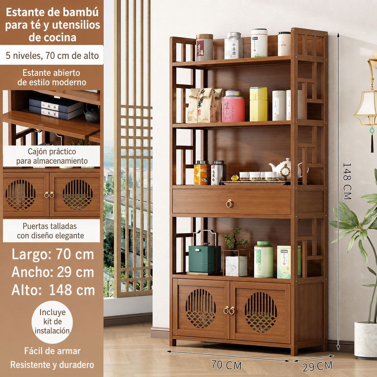 Estante de bambú para té y utensilios de cocina