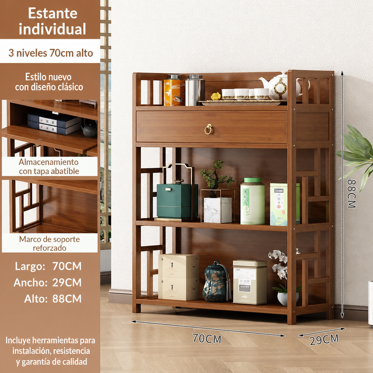 Estante de bambú para té y utensilios de cocina