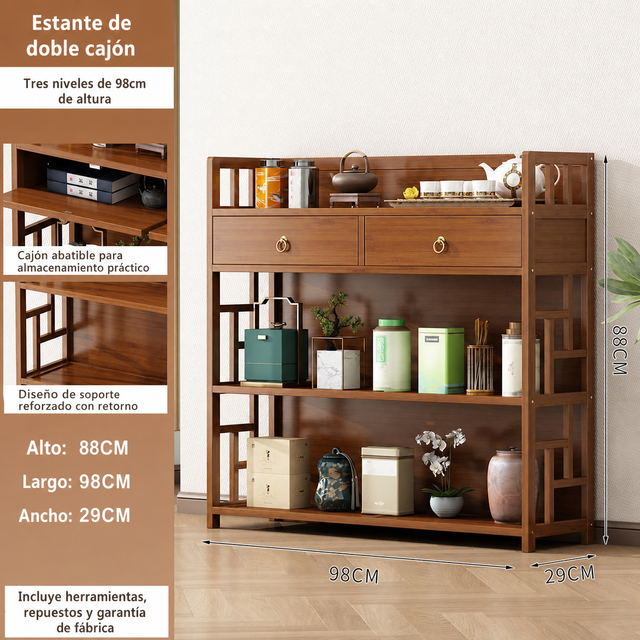 Estante de bambú para té y utensilios de cocina