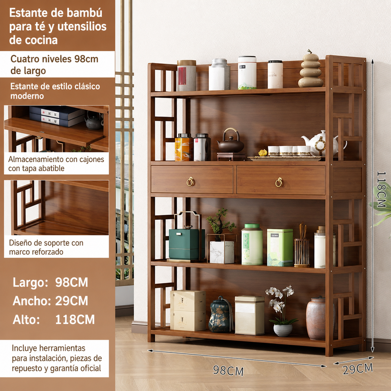 Estante de bambú para té y utensilios de cocina