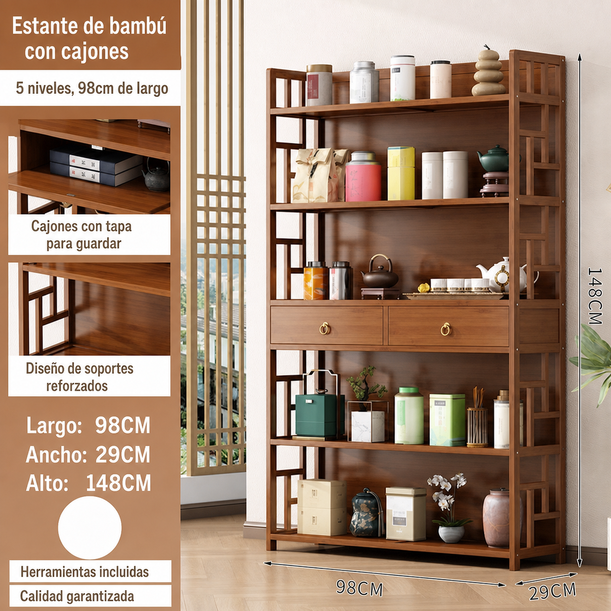Estante de bambú para té y utensilios de cocina