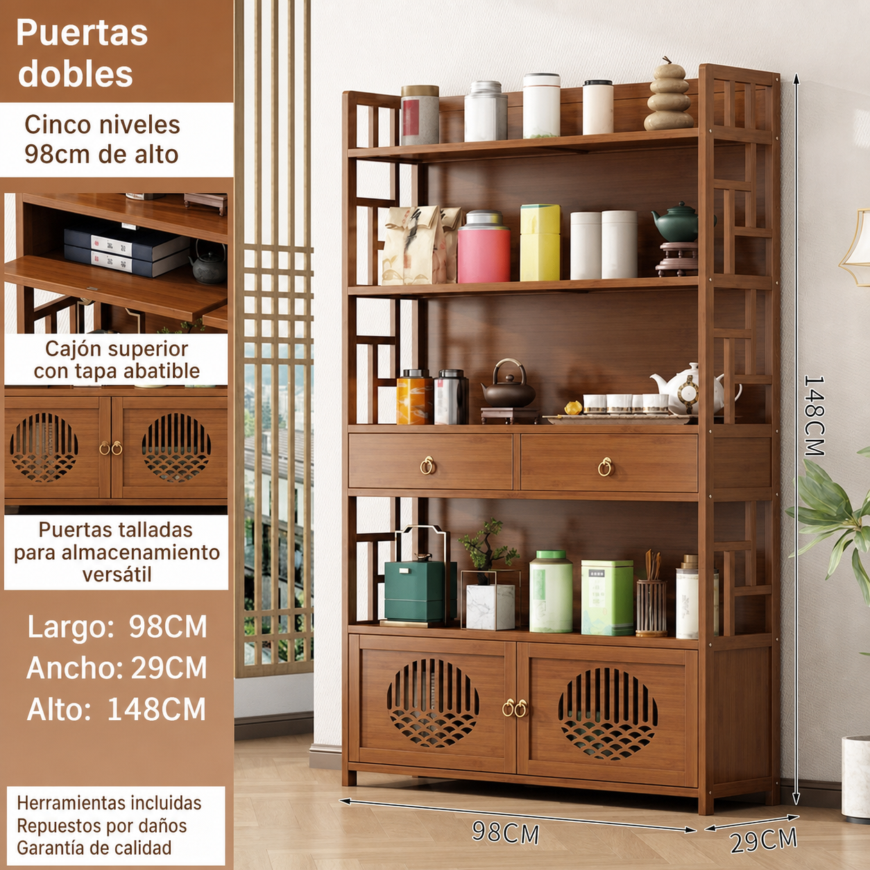 Estante de bambú para té y utensilios de cocina