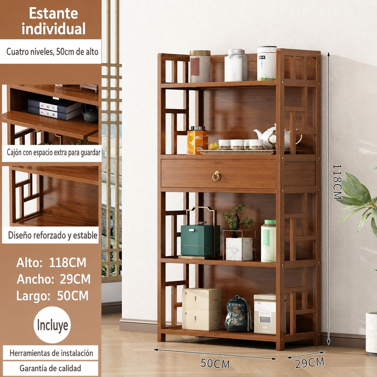 Estante de bambú para té y utensilios de cocina