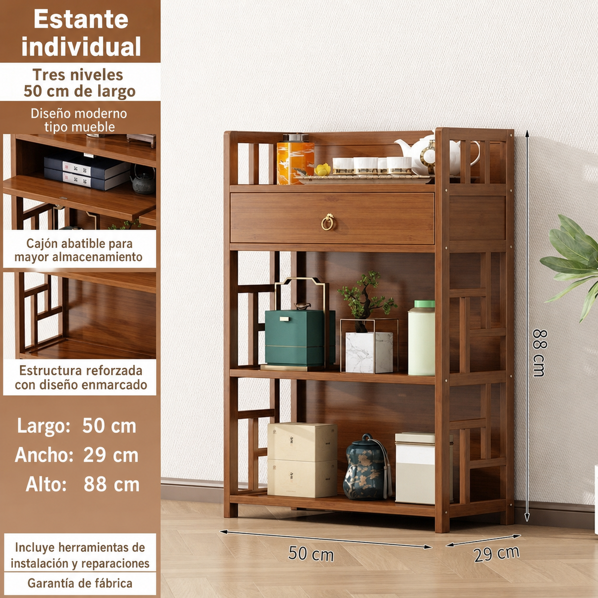 Estante de bambú para té y utensilios de cocina