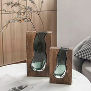 Florero de vidrio artesanal estilo nórdico con base de madera - 1