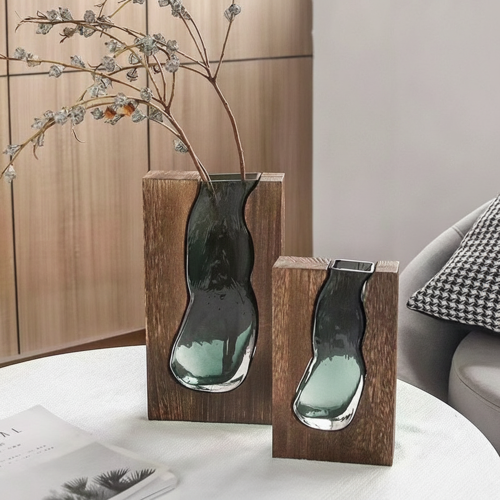 Florero de vidrio artesanal estilo nórdico con base de madera - 1