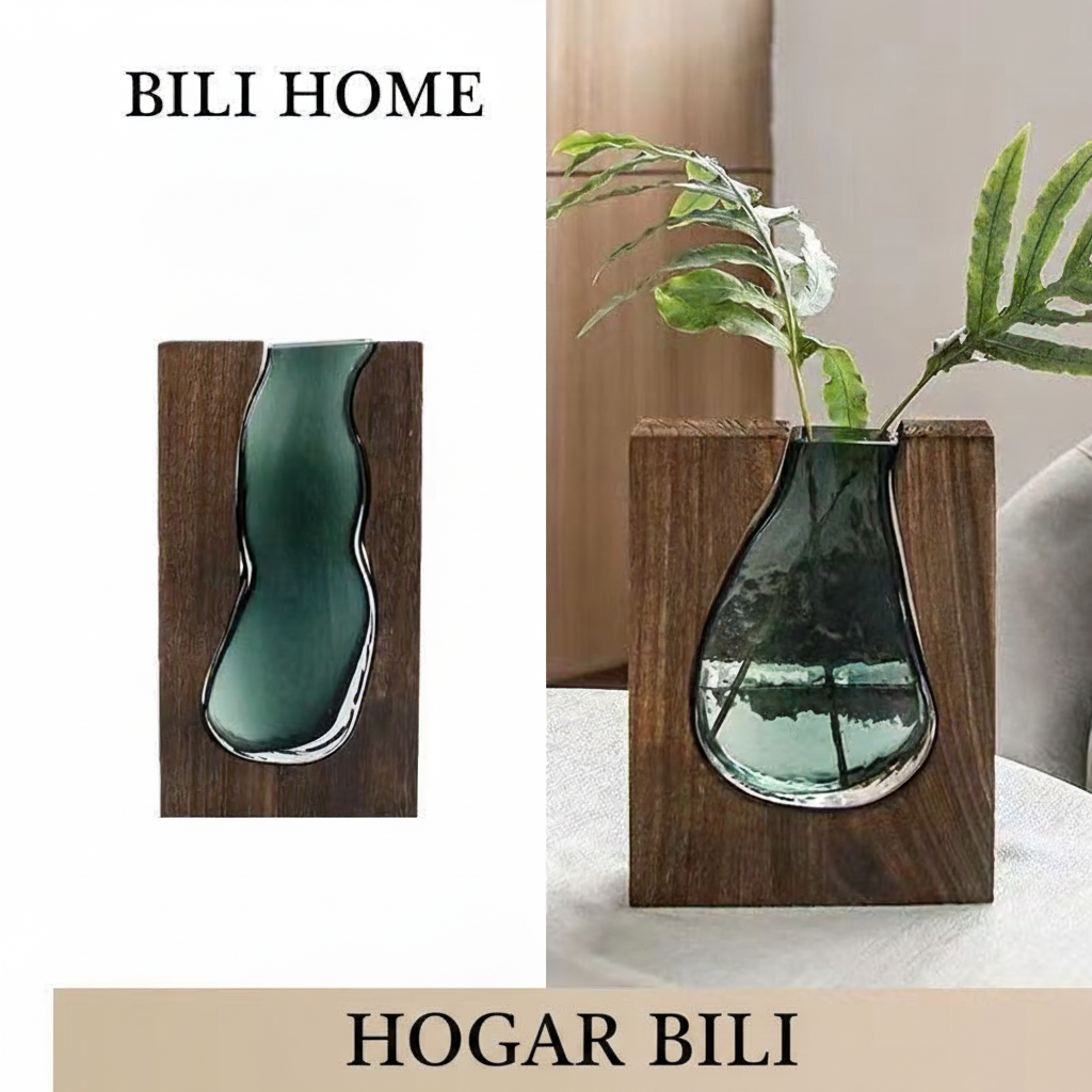 Florero de vidrio artesanal estilo nórdico con base de madera - 12