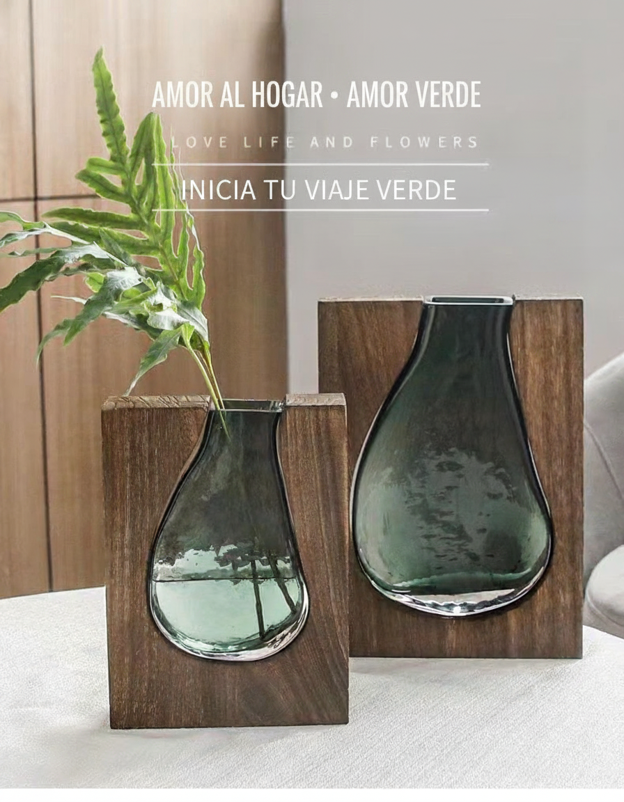 Florero de vidrio artesanal estilo nórdico con base de madera - 13