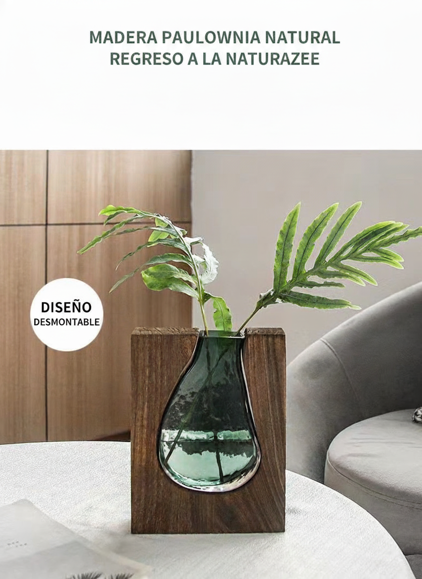 Florero de vidrio artesanal estilo nórdico con base de madera - 14