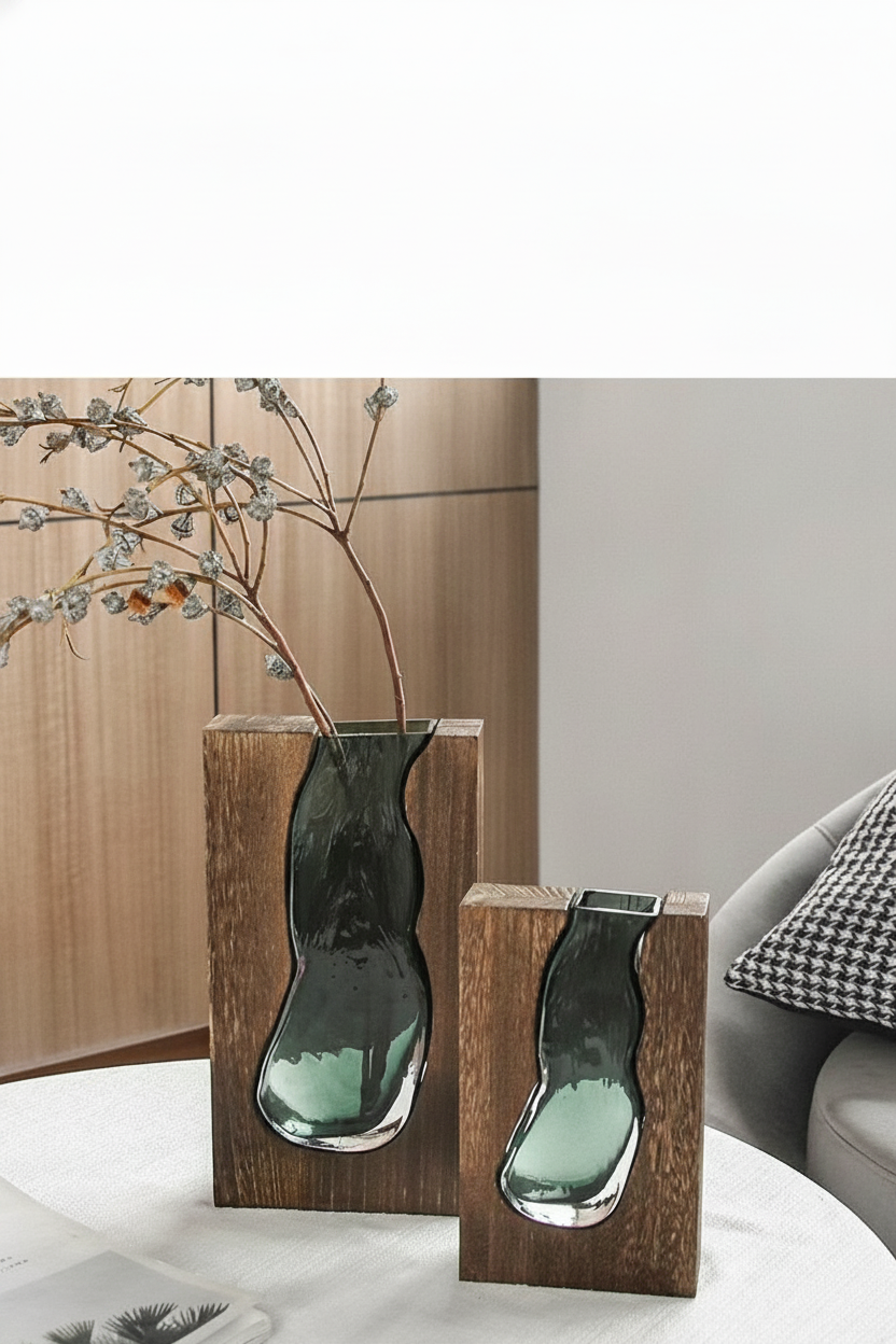 Florero de vidrio artesanal estilo nórdico con base de madera - 15