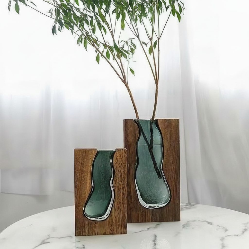 Florero de vidrio artesanal estilo nórdico con base de madera - 2