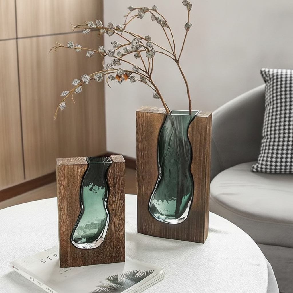 Florero de vidrio artesanal estilo nórdico con base de madera - 3