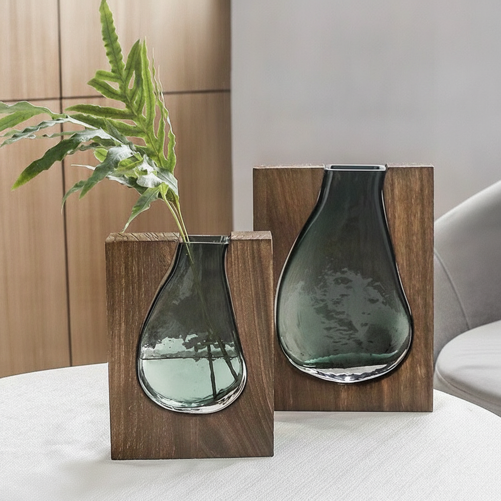 Florero de vidrio artesanal estilo nórdico con base de madera - 4