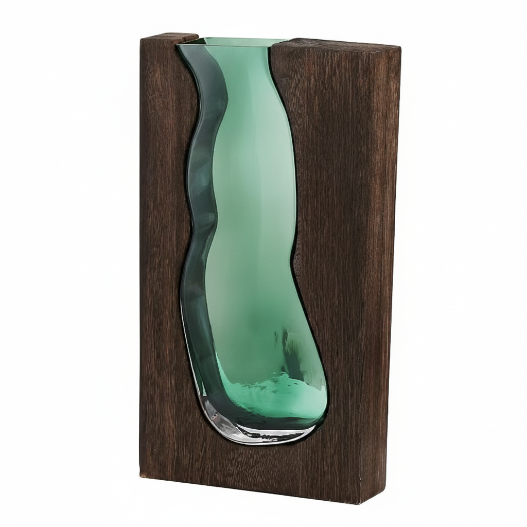 Florero de vidrio artesanal estilo nórdico con base de madera - 5