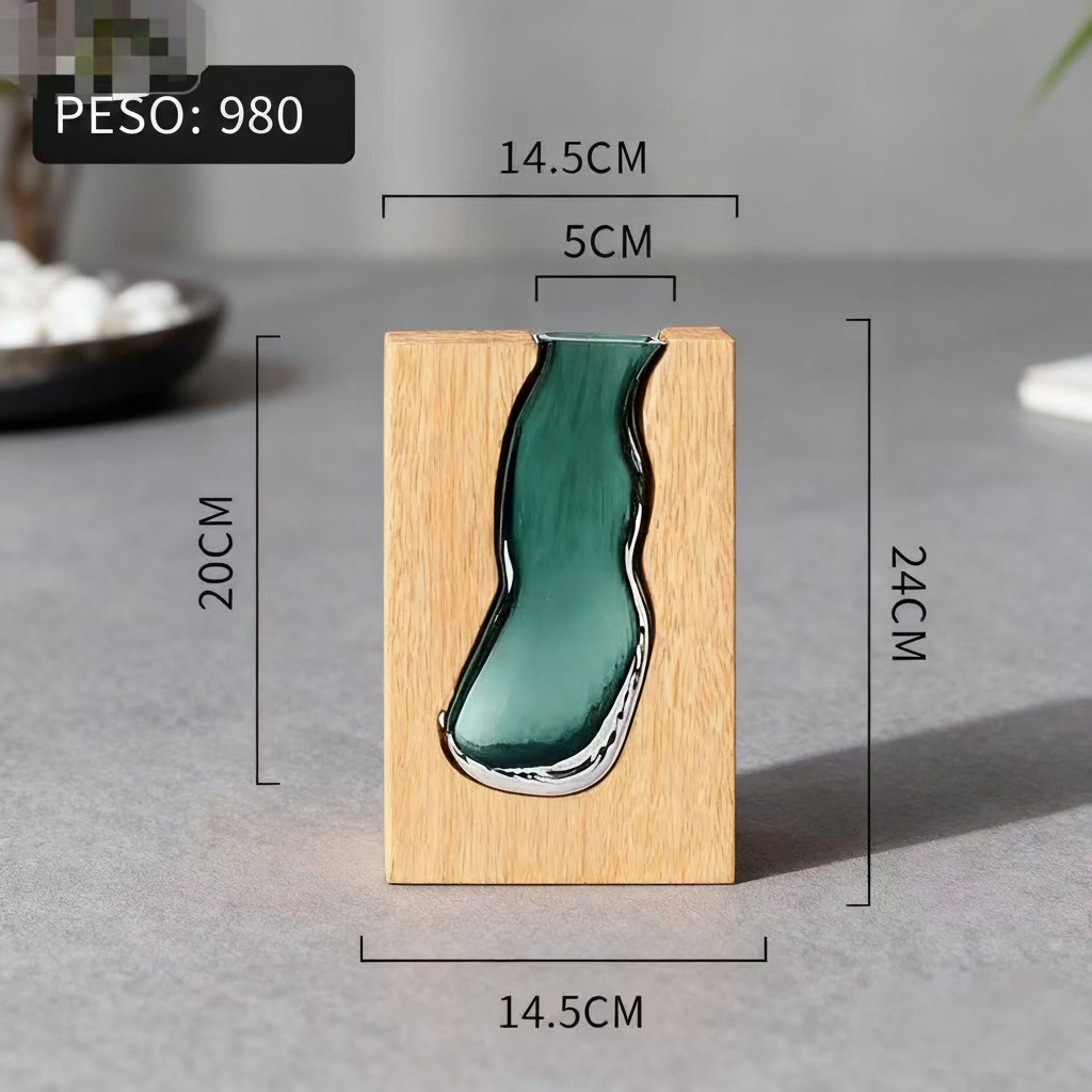 Florero de vidrio artesanal estilo nórdico con base de madera - 9