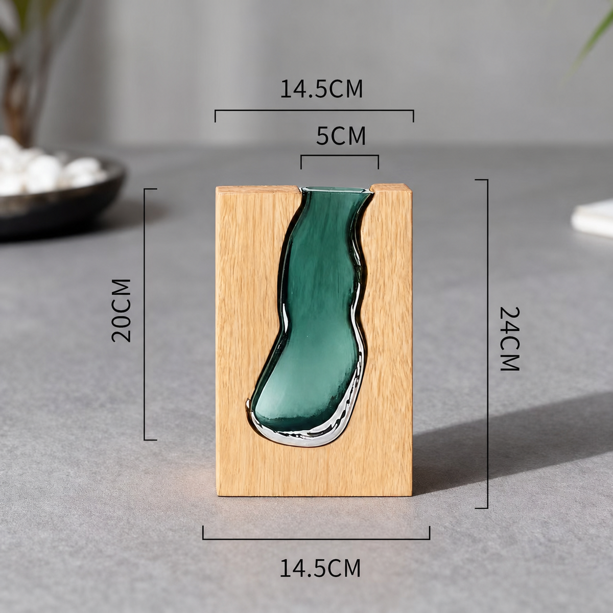 Florero de vidrio artesanal estilo nórdico con base de madera